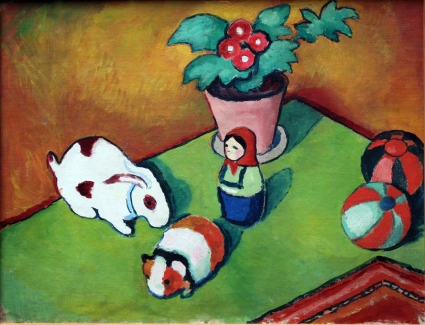 Reproduction of Little Walters Toys by August Macke. Artwork features a rabbit, guinea pig, and figurine.